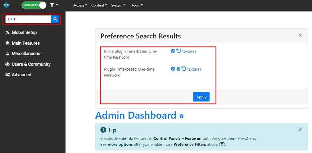 Search TOTP in control panel to activate the plugin