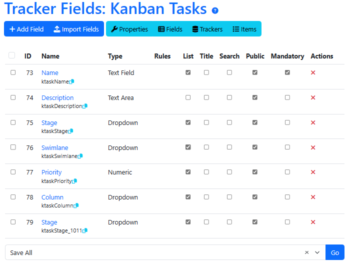 Tiki Kanban Tracker Fields Creenshot